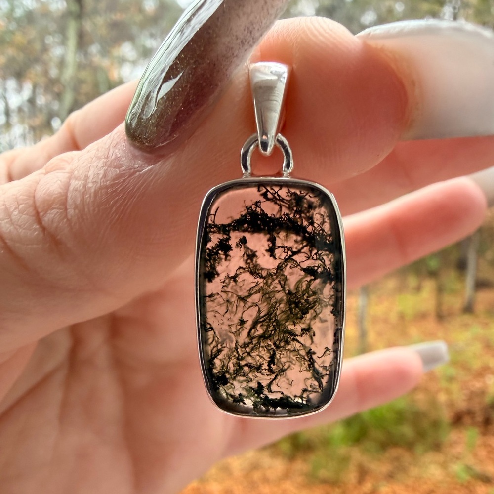 Moss Agate 925 Sterling Silver Rectangular Pendan… - image 1